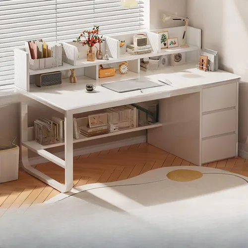 Vista 10 de Escritorio moderno con 3 cajones, mesa de estudio de computadora con gabinete para oficina en casa, estación de trabajo para espacios pequeños Gris