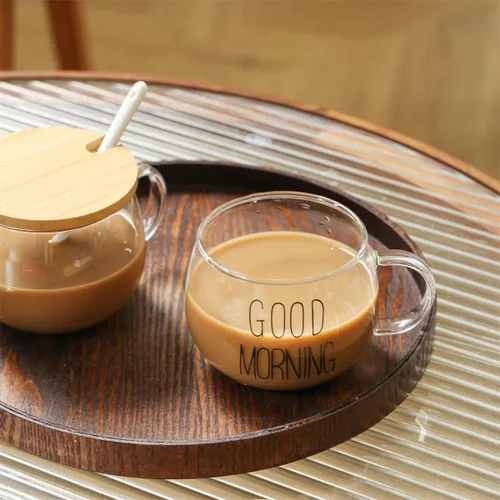 Vista 8 de TREEWOO Good MORNING - Taza transparente para café, postre, leche, té, yogur, juego de 2, vasos redondos de vidrio con asa con tapa de bambú