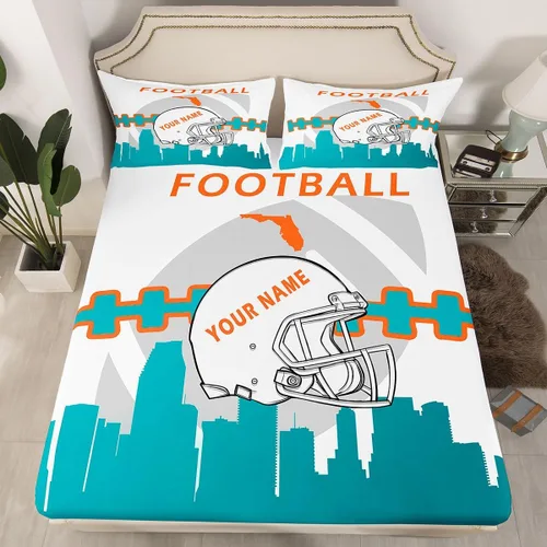 Vista 4 de Erosebridal Juego de cama matrimonial personalizado para niños, amantes del fútbol americano, sábana bajera ajustable con 2 fundas de almohada Miami