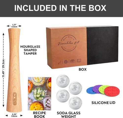 Vista 2 de BALCI Kit completo de fermentación de frascos Mason – Juego de iniciación de 9 piezas con tapas de fermentación, pesas de vidrio, pisón de madera