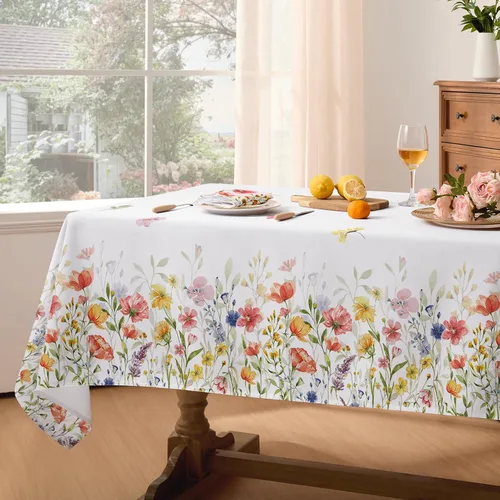 Vista 3 de Softalker Mantel rectangular de primavera, mantel de Pascua impermeable con flores silvestres, resistente a las manchas, sin arrugas, mantel floral