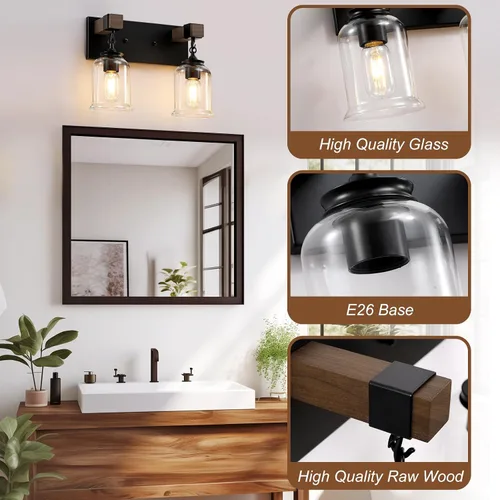 Vista 3 de VbiTmn Accesorios de Iluminación para Baño Estilo Granja, Lámpara de Tocador para Baño de 2 Luces Negro Mate, Estilo Industrial con Pantallas