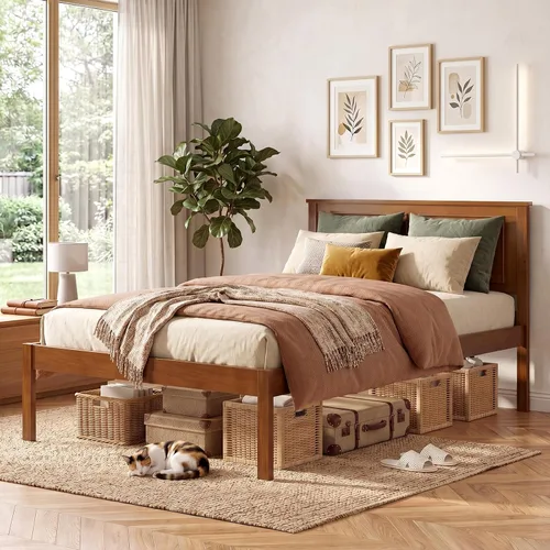 Vista 9 de KOMFOTT Twin Size Bed Frame, Farmhouse Wooden Platform Bed with Headboard Walnut