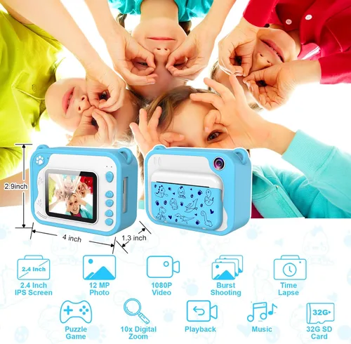 Vista 2 de Cámara para niños con impresión instantánea, video de 1080P, tarjeta SD de 32 GB, juguete para niños, regalos de cumpleaños de Pascua para niños