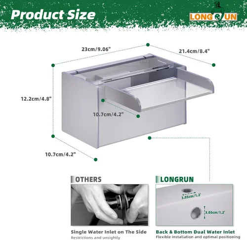 Vista 3 de Longrun Caja de Cascada de Estanque con Kit de Bomba, Vertedero de Cascada de Estanque de Acrílico Transparente con Bomba de 396 GPH 1500L/H