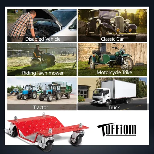 Vista 7 de TUFFIOM Juego de 4 carros para automóvil, 8000 libras de capacidad, carrito de vehículos resistentes, patines de neumáticos de acero con frenos