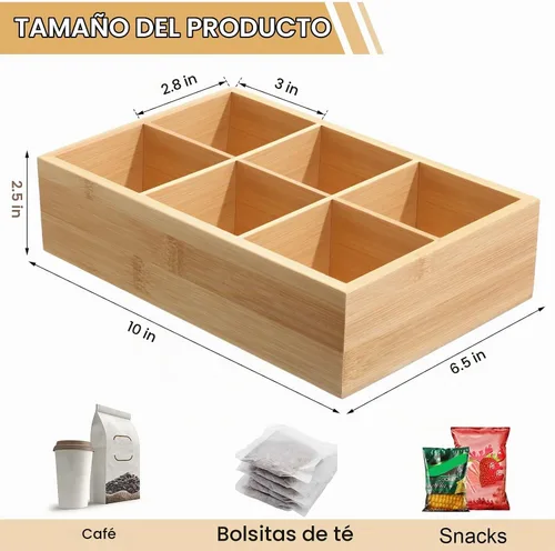 Vista 2 de Maitys Organizador de almacenamiento dividido de bambú, contenedor de bambú con 6 compartimentos, contenedor de almacenamiento de alimentos, caja
