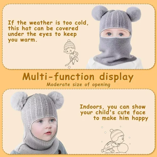 Vista 3 de Conjunto de 2 gorros de invierno para bebé, gorro para niño con calentador de cuello, gorro de punto cálido para clima frío Negro y gris