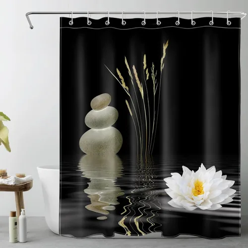 Vista 11 de LB Cortina de ducha asiática de piedra zen, cortina de ducha japonesa para baño, cortinas de baño de tela negra de 48 x 72 pulgadas con ganchos