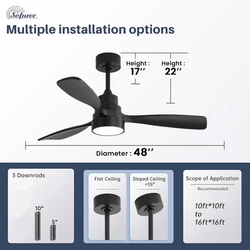 Vista 6 de Sofucor Ventilador de techo inteligente de 48 pulgadas con luces y control remoto/aplicación, compatible con Alexa/Google, ventilador de techo