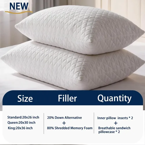 Vista 4 de KEYOOHOME Almohadas de espuma viscoelástica trituradas para dormir, juego de 2 almohadas de cama de tamaño estándar, ajustables, buenas para dormir
