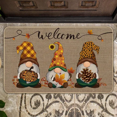 Vista 2 de Patelai Felpudo de Acción de Gracias, gnomos de otoño, felpudo de bienvenida, lavable, gnomos, calabaza, girasol, tapete decorativo antideslizante