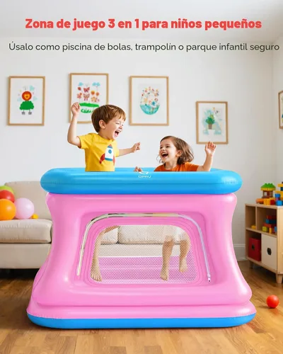 Vista 2 de QPAU - Casa inflable 3 en 1 con bomba para niños pequeños de 1 a 3 años Azul y rosa