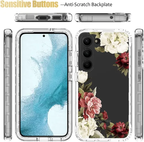 Vista 5 de Funda para Galaxy S23 con protector de pantalla de vidrio templado, funda protectora de cuerpo completo con bonito patrón floral transparente