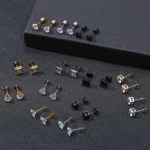 Vista 4 de NEWITIN Juego de 15 pares de aretes de acero inoxidable para hombre