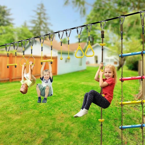 Vista 14 de Ninja Warrior - Carrera de obstáculos para niños, kit de línea floja de 2 x 56 pies con 10 accesorios ninja, barra de mono, escalera de cuerda