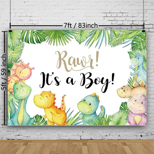 Vista 2 de Cartel de fondo de baby shower de dinosaurio pequeño de 7 x 5 pies con texto en inglés "It's A Boy" ("It's A Boy"), telón de fondo para baby shower