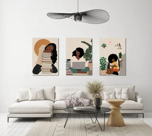Vista 6 de Arte de pared bohemio afroamericano, decoración de pared de mujer negra, impresión en lienzo de niña negra, arte de lectura para mujer, decoración