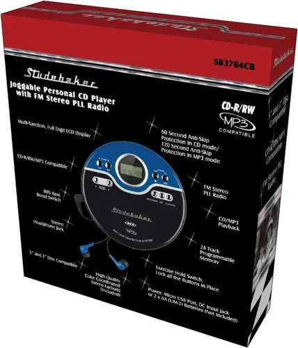 Vista 6 de Studebaker Reproductor de CD portátil azul retro Reproducción de CD-R/RW MP3 Reproductor de CD personal programable Antisaltos Radio FM