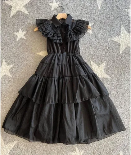 Vista 7 de QWFWBSM Wednesday Addams - Vestido de disfraz para niñas, disfraz de Halloween con accesorios, 4-12 años