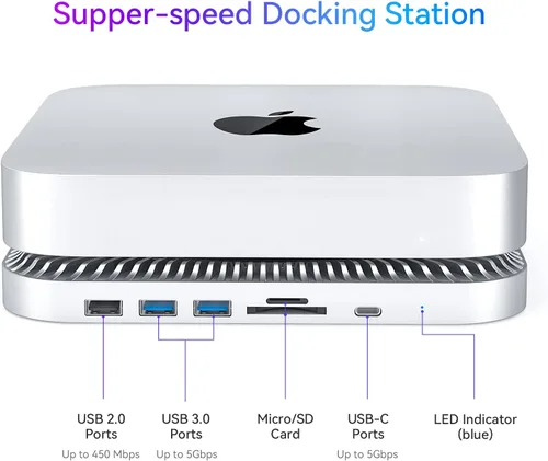 Vista 3 de RayCue Mac mini Hub y soporte tipo C con carcasa SSD, soporte para Mac mini, compatible con SSD SATA de 2.5 pulgadas, puerto de datos USB-C, puerto