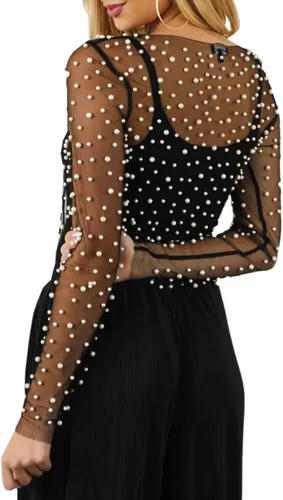 Vista 3 de Top sexy de malla transparente con perlas para mujer, top transparente de manga larga con diamantes de imitación