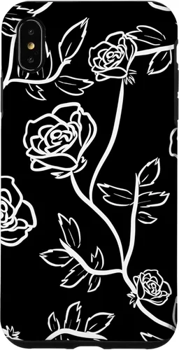 Vista 7 de iPhone 14 Rose Bush Pétalos de rosa Hojas de espina Funda blanca y negra