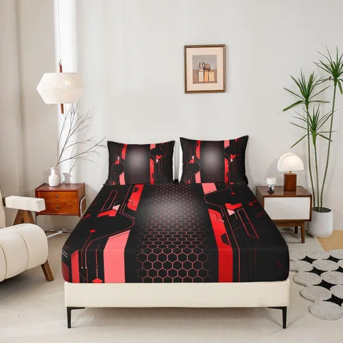 Vista 5 de Manfei Sábana bajera ajustable de panal rojo, tamaño matrimonial, juego de ropa de cama hexagonal geométrica de 3 piezas para decoración de Multi 07