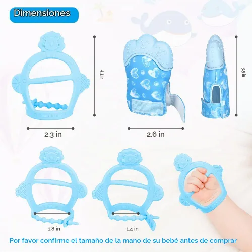 Vista 2 de Vicloon Guante de dentición de silicona, 2 piezas de guante de dentición para bebé con correa ajustable, sonido crujiente y texturado, juguetes