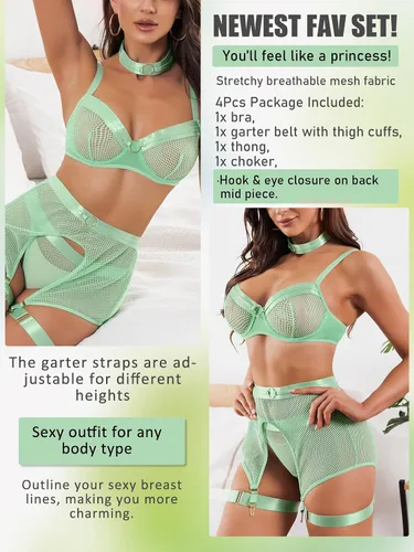 Vista 3 de Dlsave Conjunto de lencería sexy de 4 piezas para mujer de malla transparente de encaje y liguero con gargantilla
