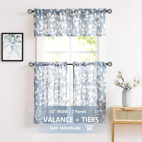 Vista 2 de Treatmentex Cortinas azules de cocina de 24 pulgadas con estampado de hojas blancas cortas para ventanas pequeñas, 2 paneles