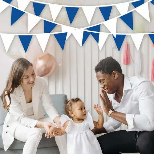 Vista 6 de Banderín triangular de 100 pies, color azul y blanco, 60 unidades Blue white triangle bunting for birthday, wedding, garden, outdoor hanging.