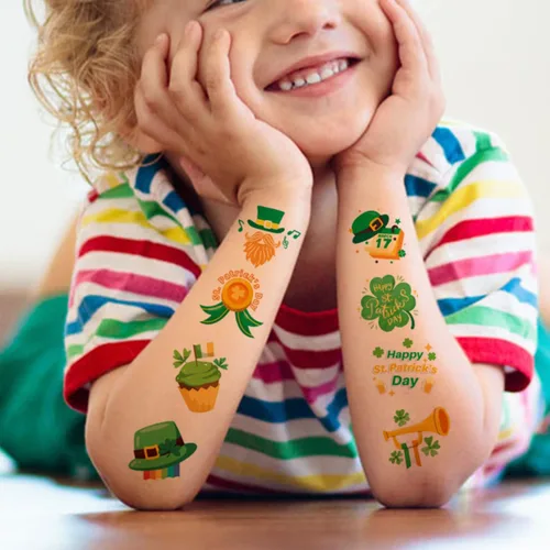 Vista 4 de CHARLENT Tatuajes temporales del día de San Patricio para suministros de fiesta de niños, 74 hojas individuales, tatuajes del día de San Patricio
