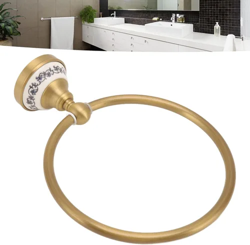 Vista 9 de Bath Towel Ring, Antique Brass Finish Wall Mounted Hand Towel Holder with Blue and White Porcelain Decal Hardware for Bathroom Kitchen