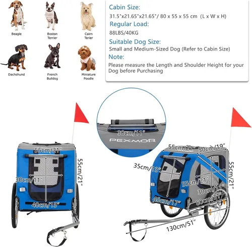 Vista 8 de PEXMOR Remolque de bicicleta para perros, carrito plegable para mascotas con enganche universal, transporte de carga para perro y ruedas de Azul