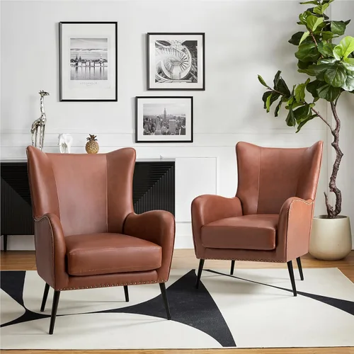 Vista 17 de HULALA HOME Silla decorativa de piel sintética con cojín extraíble, cómodo sillón tapizado con patas de metal negro y ribete de cabeza de clavo