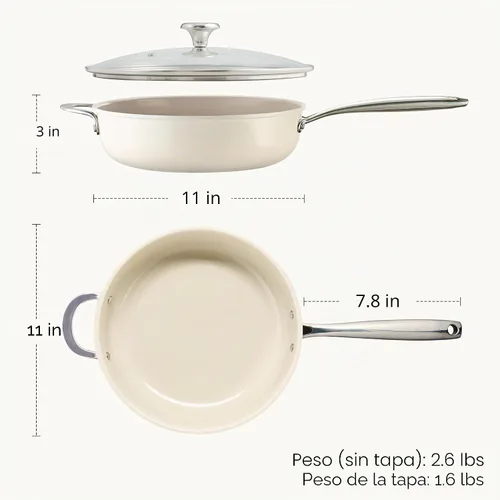 Vista 8 de Redchef Sartén Salteadora de Cerámica con Tapa, Sartén Profunda Antiadherente para Freír, Cocinera Jumbo de 5QT con Mango Auxiliar y Tapa, Sartén