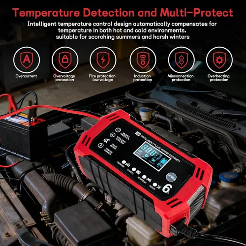 Vista 3 de Cargador de batería de automóvil, cargador y mantenedor de goteo de 12 V y 6 amperios, cargador de batería completamente automático inteligente