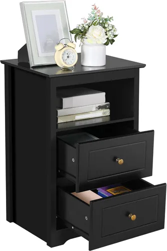 Vista 10 de Yaheetech Juego de 2 mesitas de noche, mesitas de noche de madera con 2 cajones y compartimento, 2 piezas de mesita de noche alta para dormitorio
