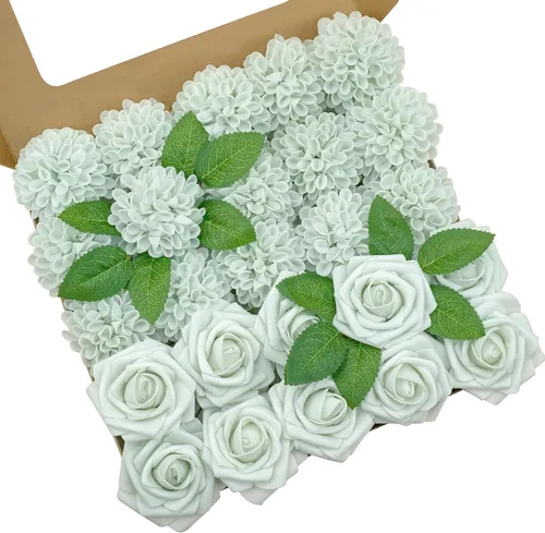 Vista 22 de Flores artificiales, 25 piezas, rosas artificiales realistas para ramos de novia, centros de mesa, arreglos, flores de Dalia negras con tallo