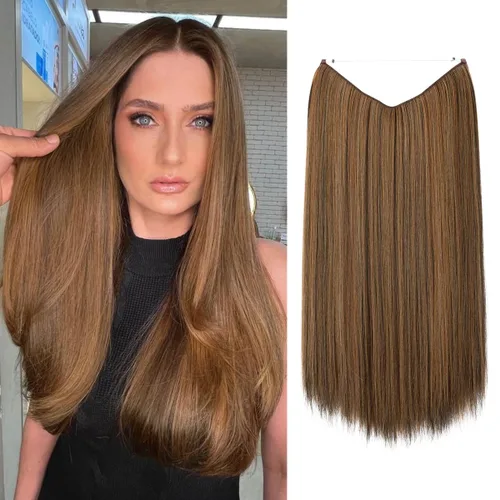 Vista 23 de SARLA Extensiones de cabello con alambre invisible de reflejos cortos rectas postizos sintéticos diadema transparente ajustable para mujeres 14