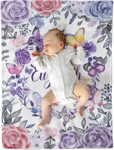 Vista 2 de AVIClothes Manta de bebé niña personalizada, mantas personalizadas con diseño de mariposas y flores, manta de bebé con nombre para niña, 30 x 40