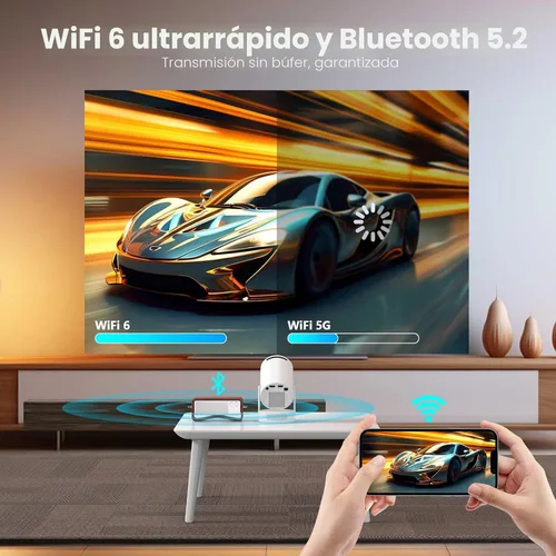 Vista 4 de Mini proyector portátil con soporte 4K, Bluetooth 5.4 WIFI6, altavoz base de sonido de 5 vatios, 160 ANSI, Android 11, rotación de 210°, proyector