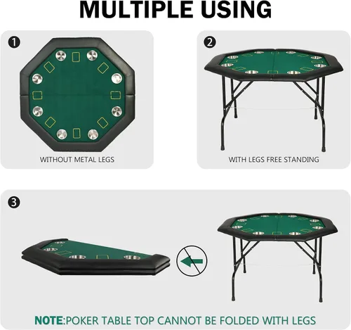Vista 4 de Mesa plegable de póquer de casino - Mesa de juego Texas Hold'em de 48 pulgadas con portavasos de acero inoxidable
