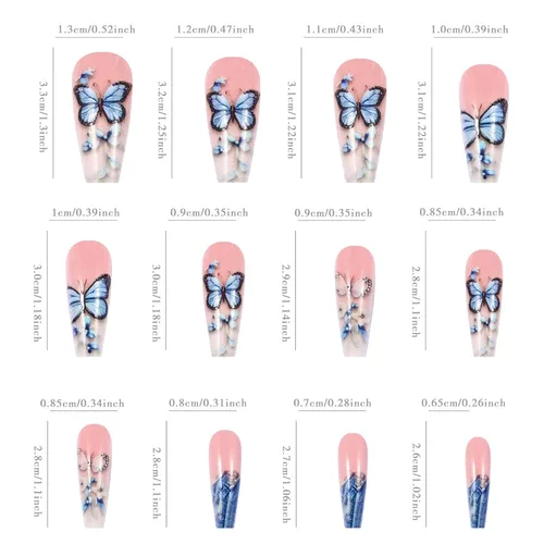 Vista 4 de Uñas postizas largas a presión con diseño de mariposa azul y rosa, punta francesa azul, uñas a presión, acrílico rosa, cobertura completa, pegamento