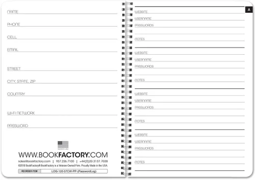 Vista 2 de BookFactory Organizador de libro de contraseñas, alambre O de 5" x 7", 120