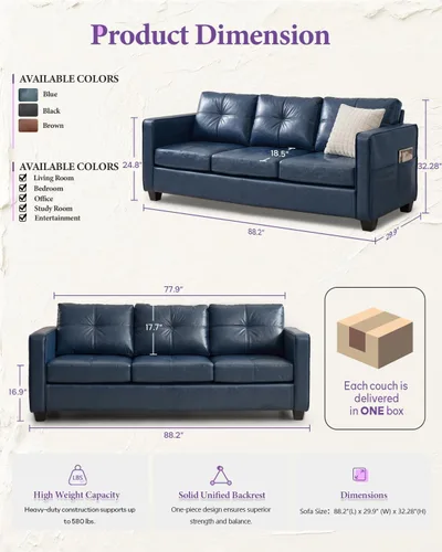 Vista 4 de TYBOATLE Sofá seccional de cuero azul para sala de estar, cómodos sofás con USB USB y cargador tipo C, juego de sofá de 3 piezas para oficina