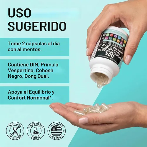 Vista 6 de Clean Nutraceuticals DIM Evening Primrose Black Cohosh Calcio D-Glucarato Sulforafano Extracto de semilla de lino – Vitaminas de apoyo hormonal