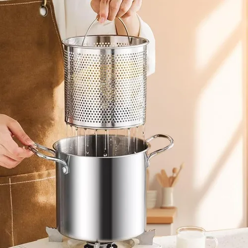Vista 7 de Olla de freidora profunda de 3.5L con escurridor de aceite, olla de acero inoxidable con tapa y cesta, olla redonda para cocina, restaurante