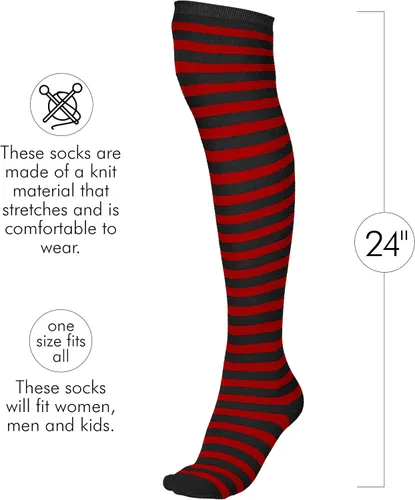 Vista 5 de Skeleteen Calcetines negros y rojos, por encima de la rodilla, a rayas, muslo alto, accesorios para disfraz, medias para hombres, mujeres y niños